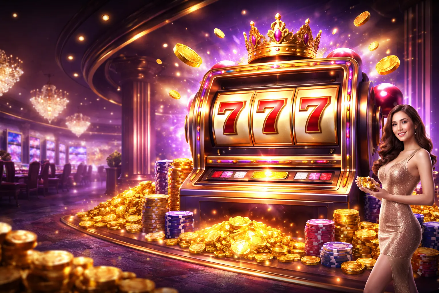 Hình nền 777x Nổ Hũ với máy slot và tiền vàng